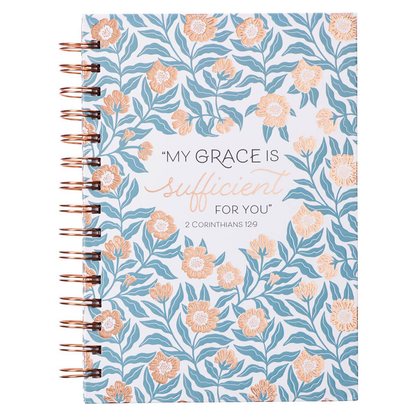 My Grace is Sufficient Teal Floral Large Wirebound Journal - 2 Corinthians 12:9