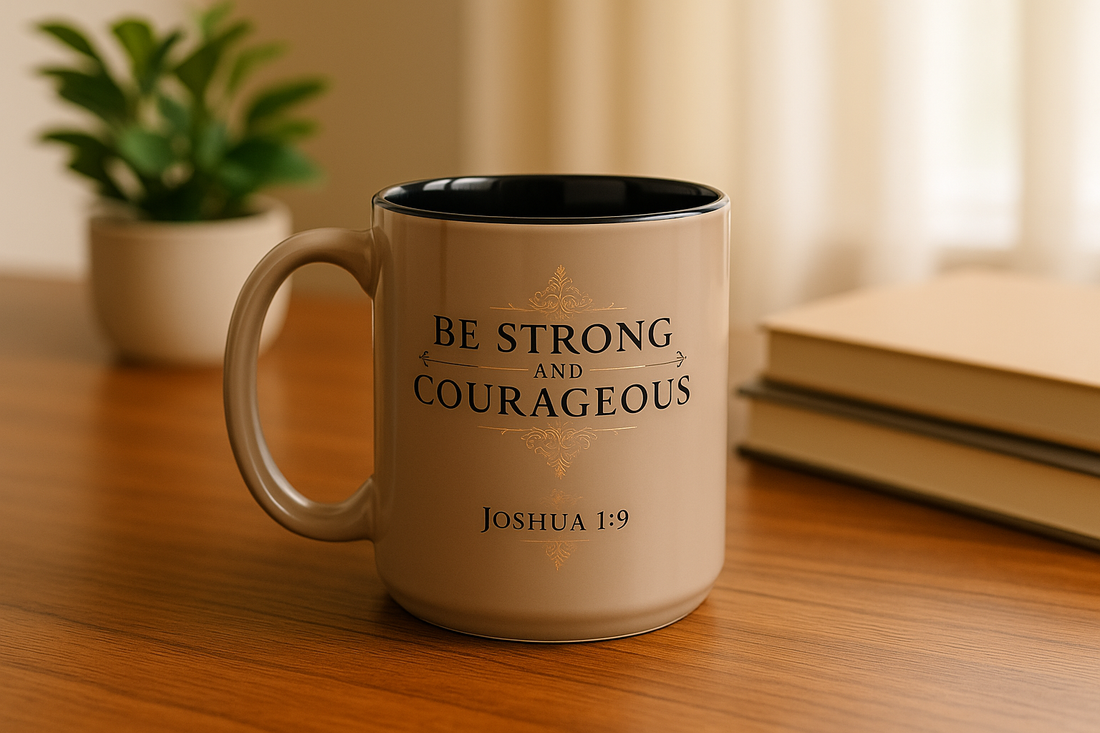Be Strong and Courageous Tan Ceramic Coffee Mug Professional Mockup