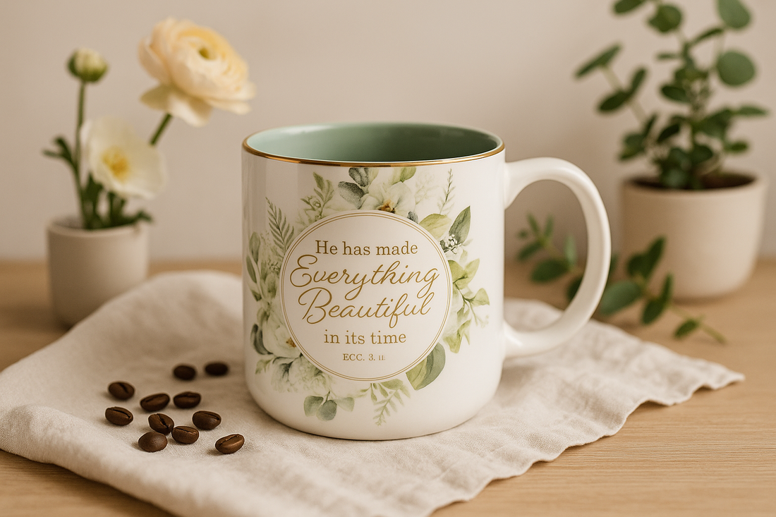 Everything Beautiful Green Wreath Ceramic Coffee Mug lifestyle mockup