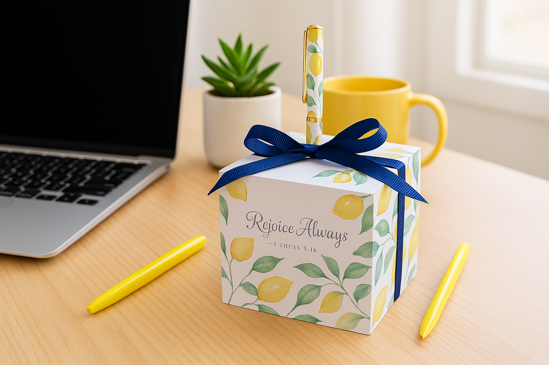 Rejoice Always Yellow Lemon Note Block Office Mockup